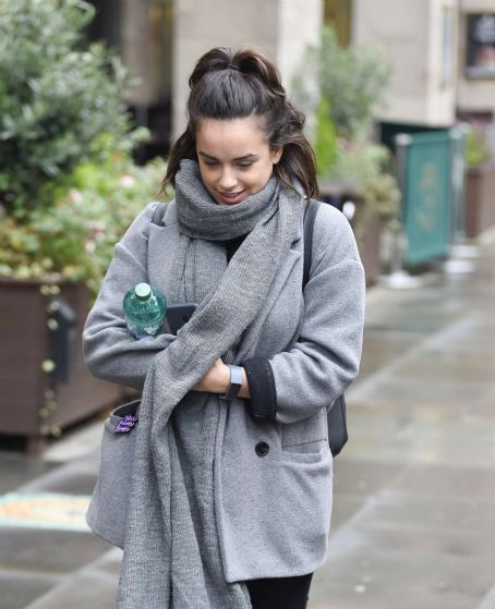 Georgia May Foote in Grey Coat – Out and about in Manchester