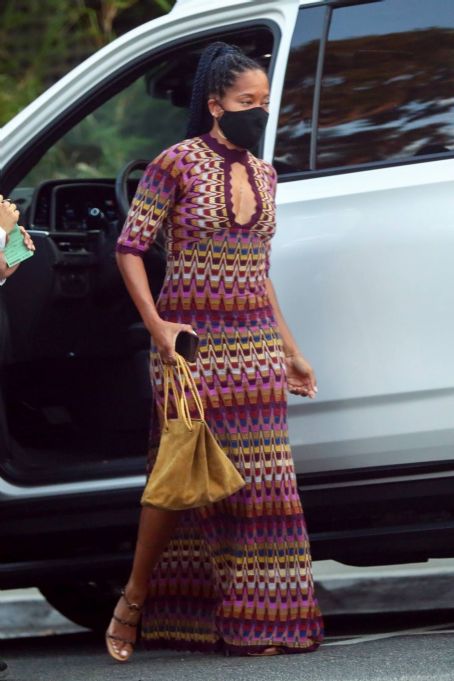 Regina King – Steps out in a long patterned dress and strappy heels in Los Angeles