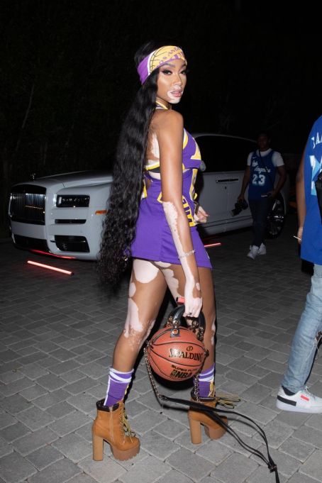 Winnie Harlow – In Lakers outfit at Christian Combs' Jersey Themed