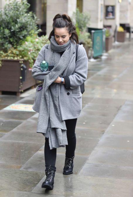 Georgia May Foote in Grey Coat – Out and about in Manchester