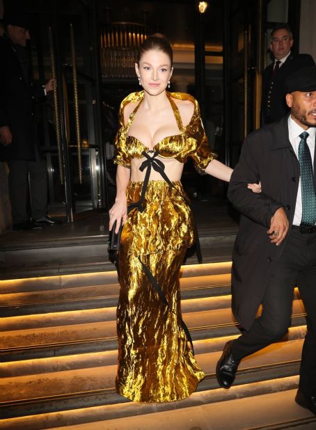 Hunter Schafer's gold foil bra and skirt is giving Quality Street