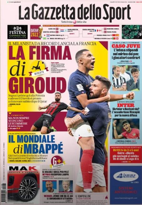 Olivier Giroud Kylian Mbappé La Gazzetta Dello Sport Magazine 05 December 2022 Cover Photo Italy 