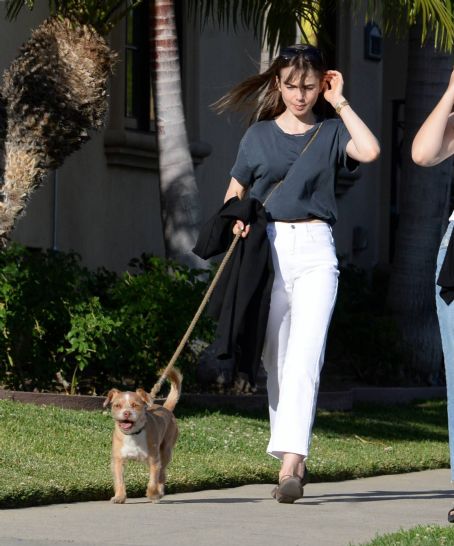 Lily Collins – On a stroll with her dog and a friend in West Hollywood