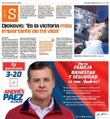 Novak Djokovic - Metro Sports Supplement Magazine Cover [Ecuador] (30 January 2023)