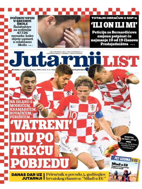 Croatia, Jutarnji List Magazine 26 June 2018 Cover Photo - Croatia