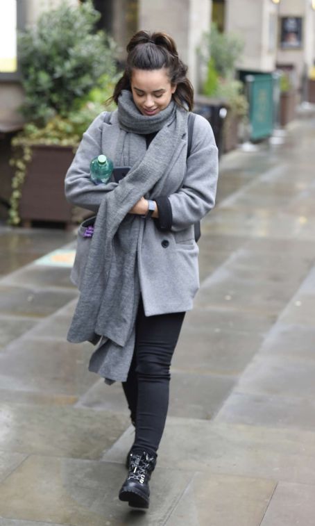 Georgia May Foote in Grey Coat – Out and about in Manchester