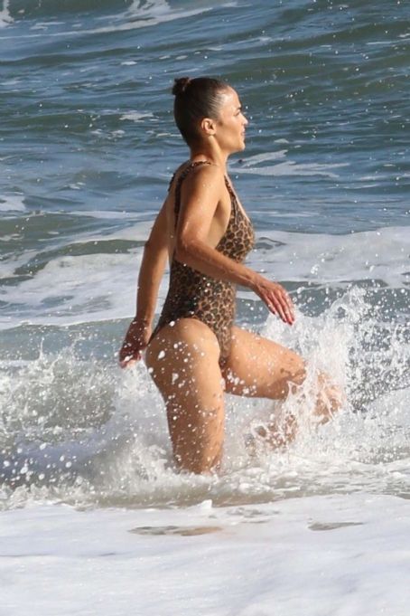 Paula Patton in Animal Print Swimsuit on Malibu Beach
