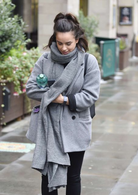 Georgia May Foote in Grey Coat – Out and about in Manchester