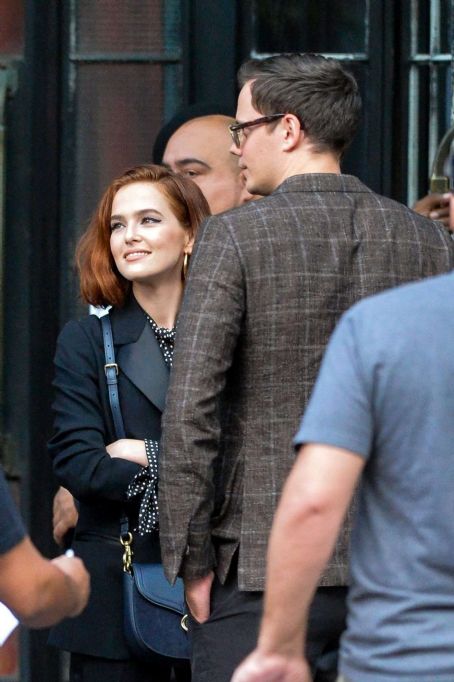 Zoey Deutch in a tuxedo suit in downtown Manhattan