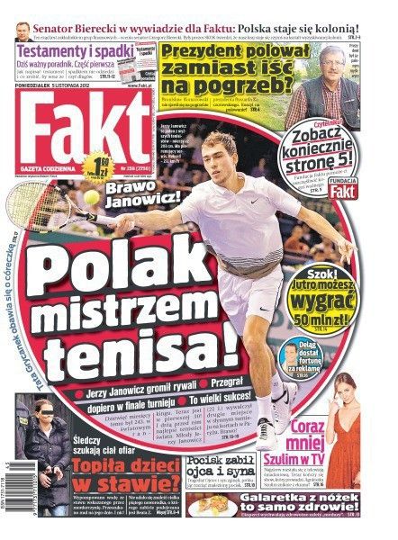 Jerzy Janowicz, Fakt Magazine 05 November 2012 Cover Photo - Poland